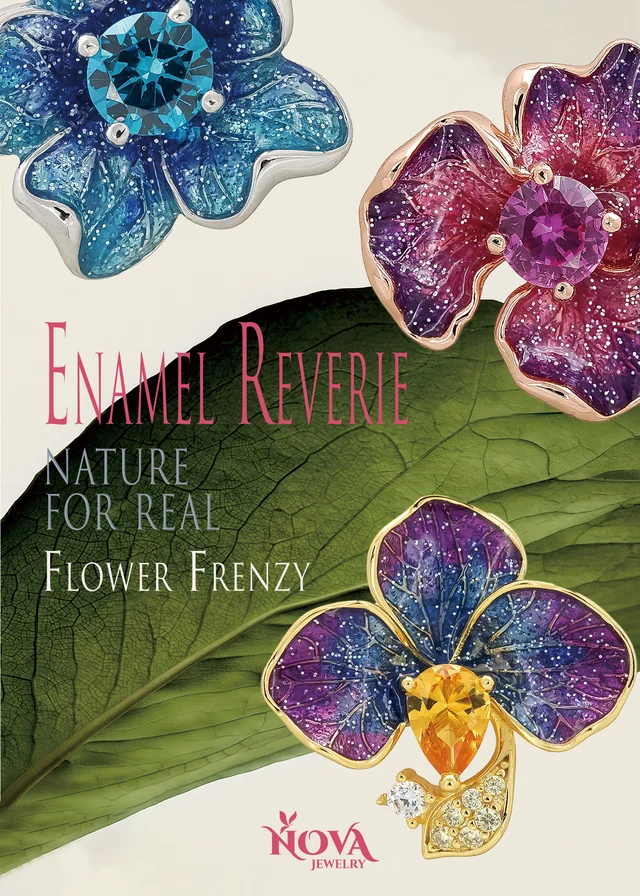 Enamel Reverie: blue, purple and pink flower jewellery with textured petals and colourful centre stones