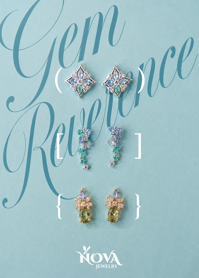 Gem Reverence earrings with blue, teal and green stones in geometric and drop arrangements
