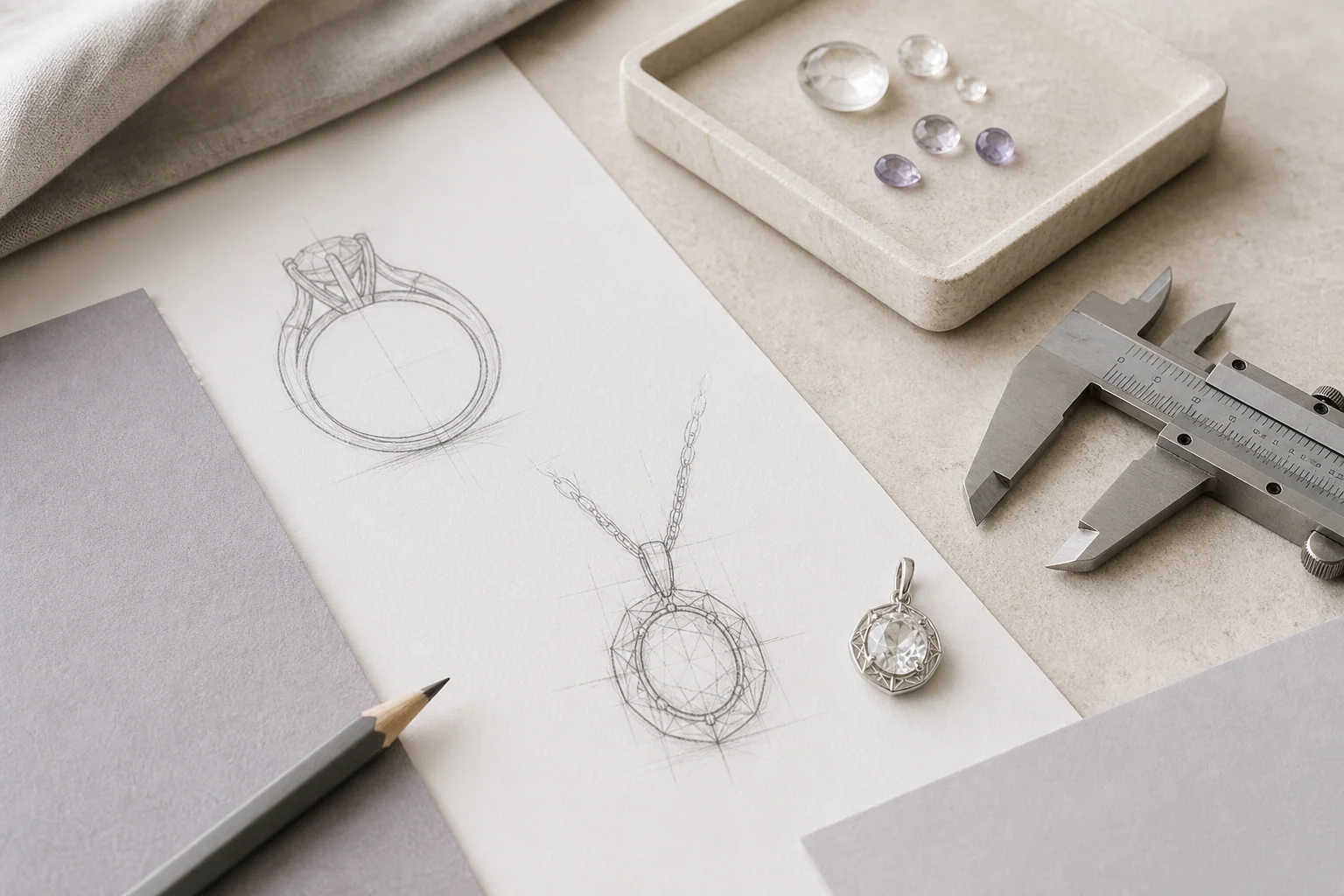 Illustrative jewelry brief with sketches, dimensions and stone references