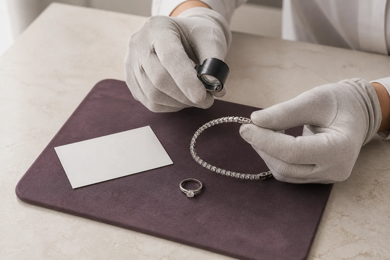 A finished bracelet being examined through a jeweler's loupe