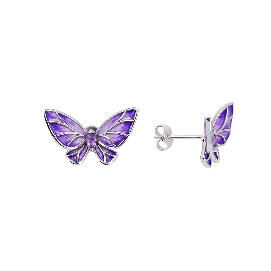 Purple enamel butterfly stud earrings shown from the front and side