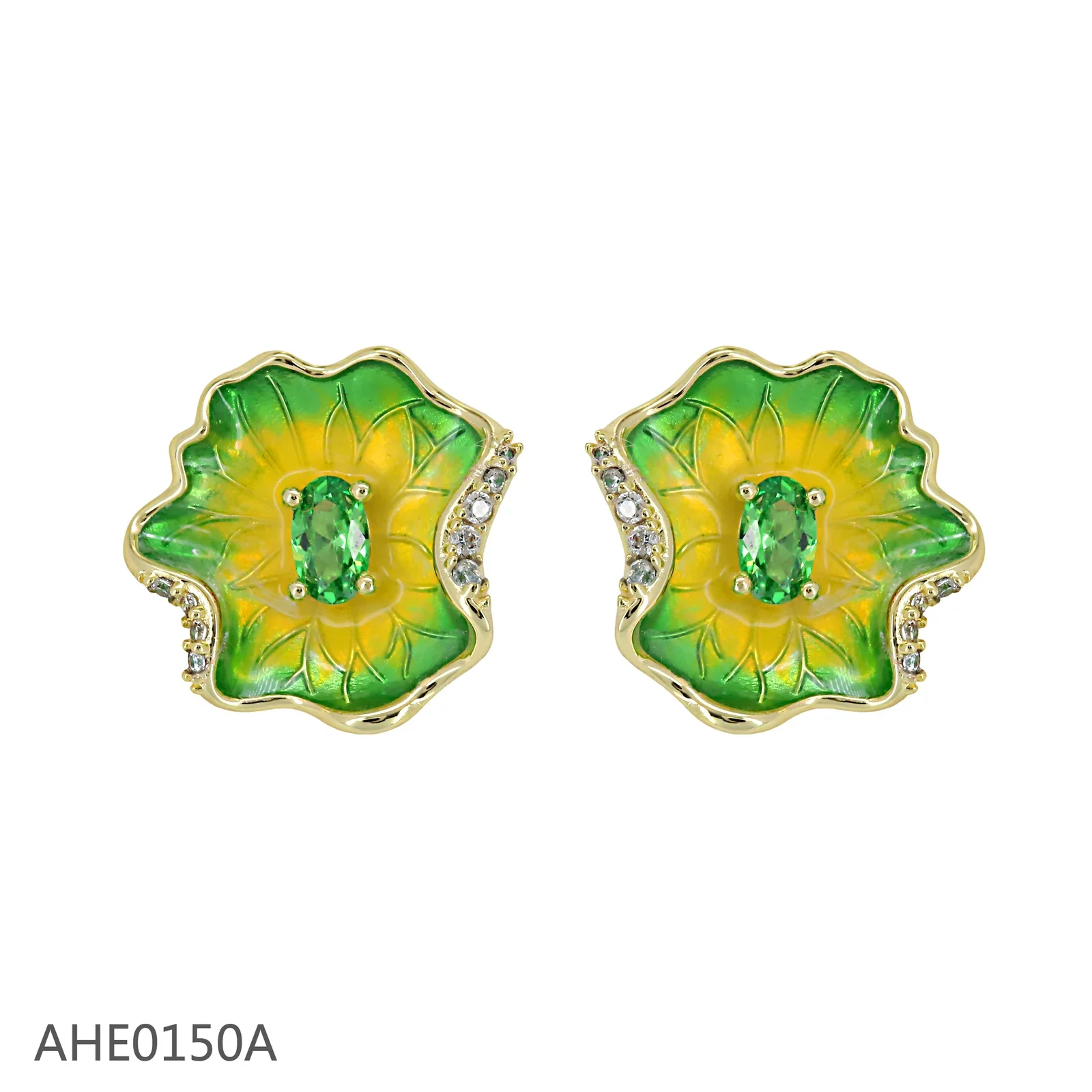 Green and yellow enamel flower earrings with green center stones