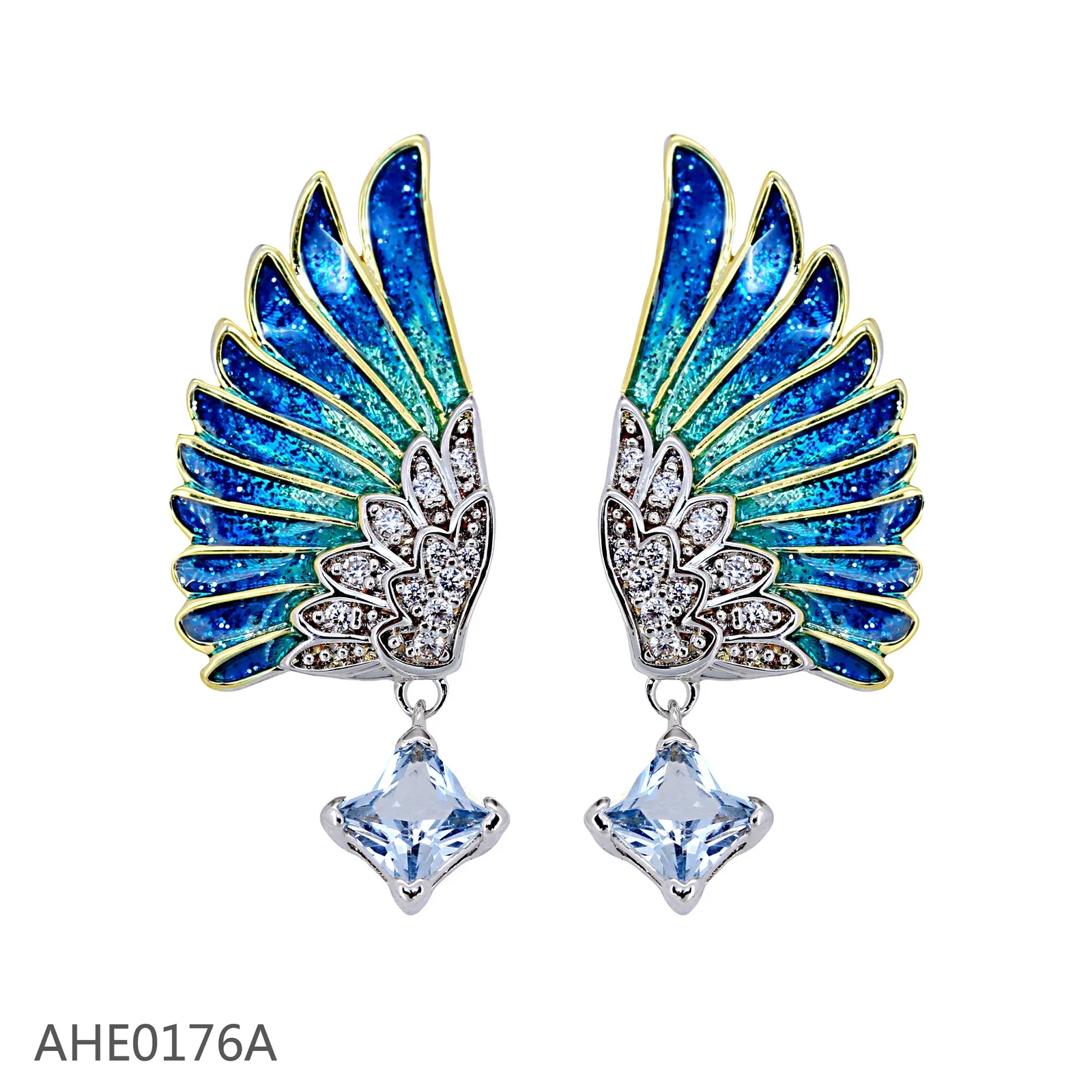 Blue and turquoise enamel wing earrings with clear drop stones