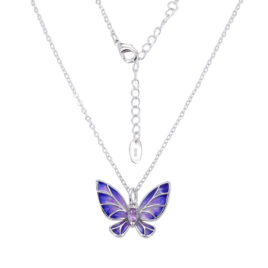 Silver-tone necklace with a purple enamel butterfly pendant