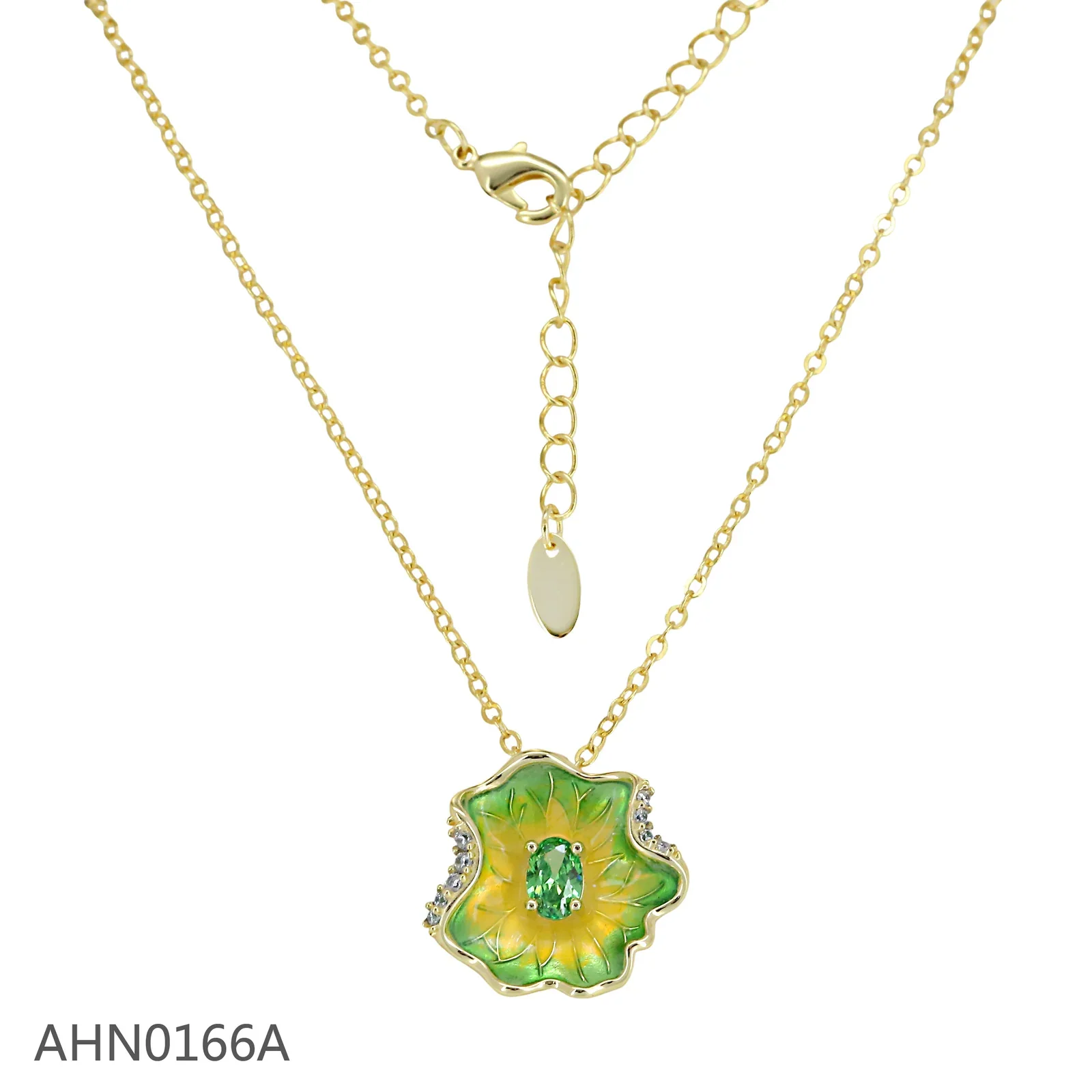 Gold-tone necklace with a green and yellow enamel flower pendant