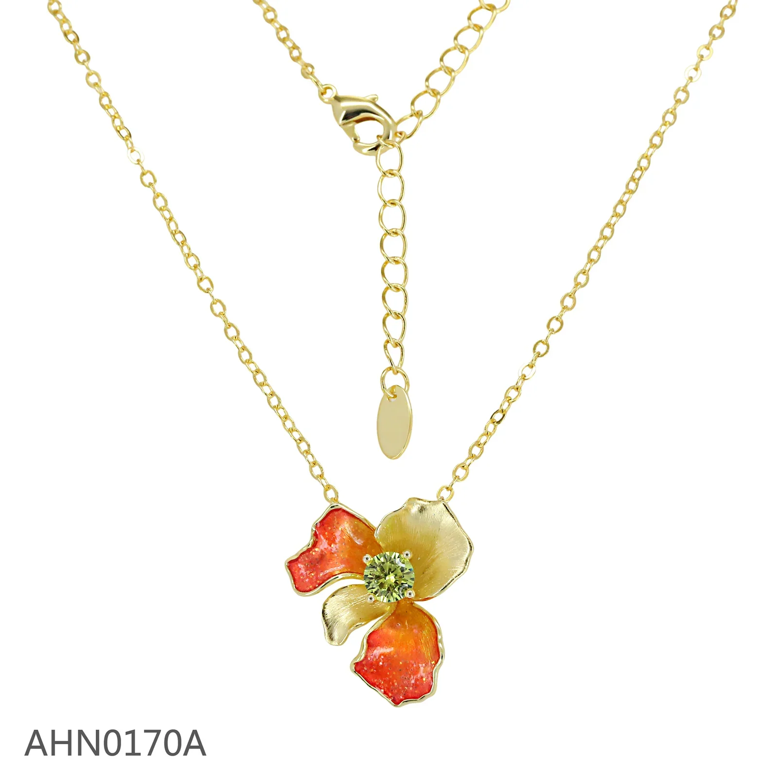 Gold-tone necklace with an orange and yellow enamel flower pendant