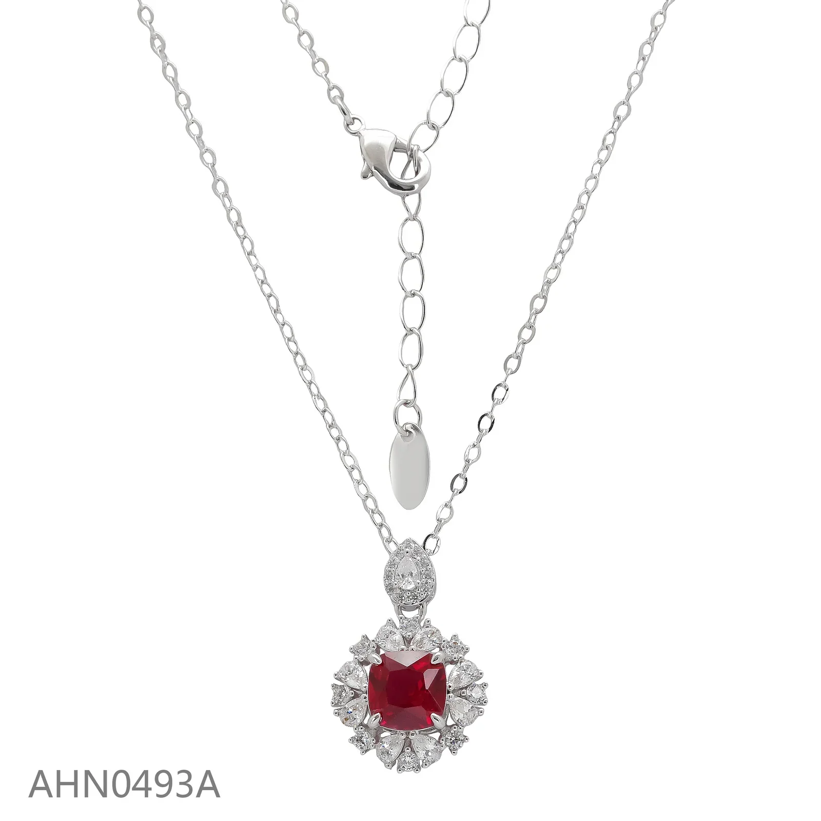 Red gemstone halo necklace