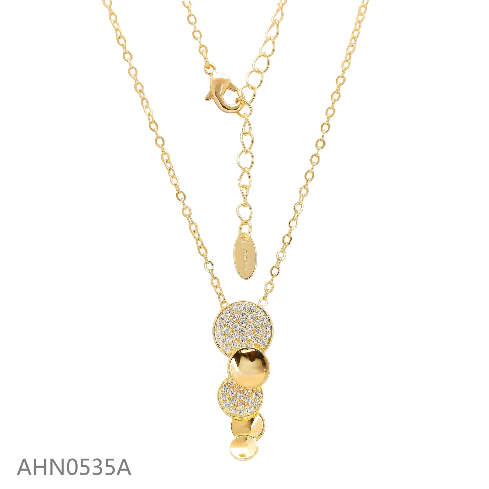 Gold-tone necklace with a vertical pendant of round discs and clear stone accents