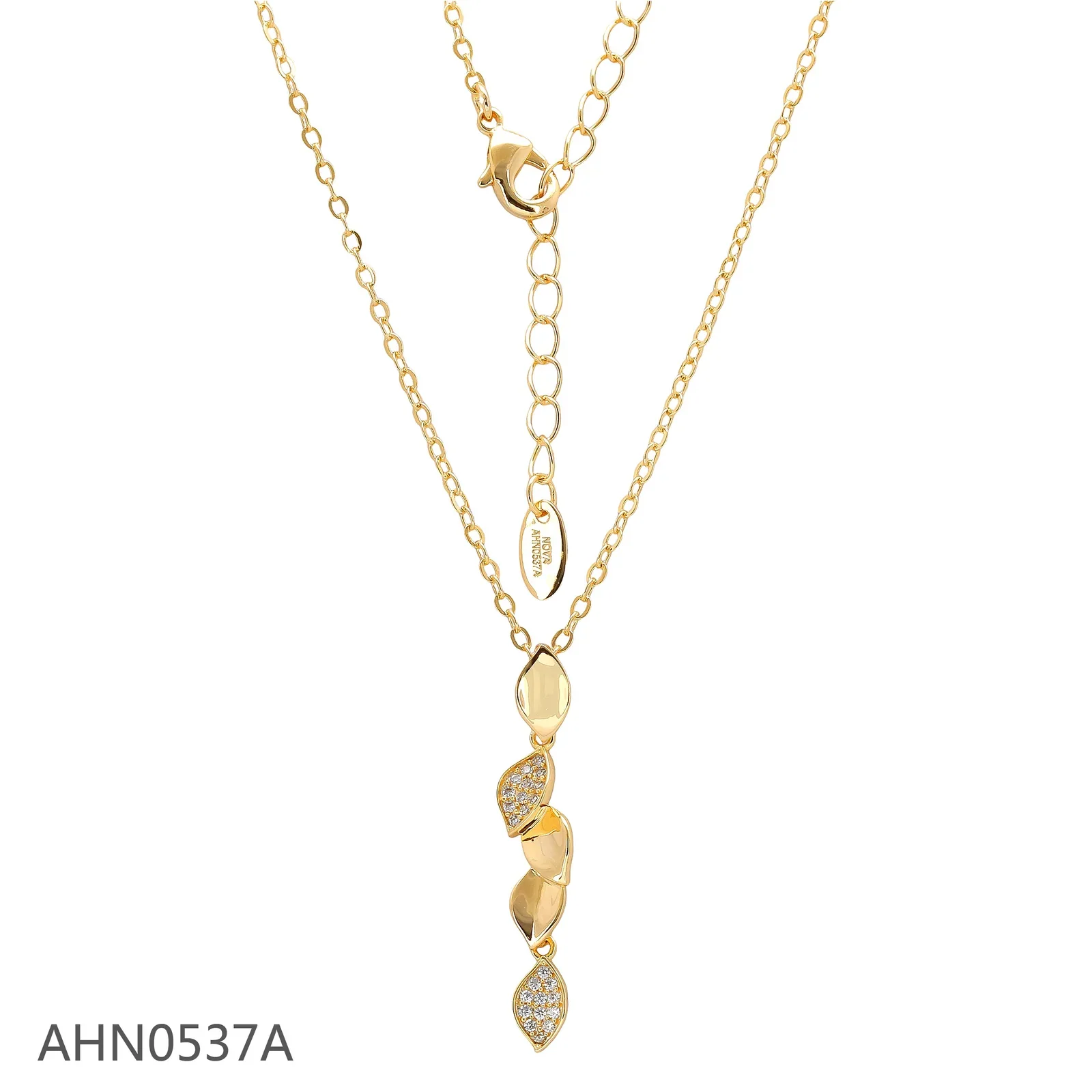 Gold-tone necklace with a curved vertical pendant and clear stone accents
