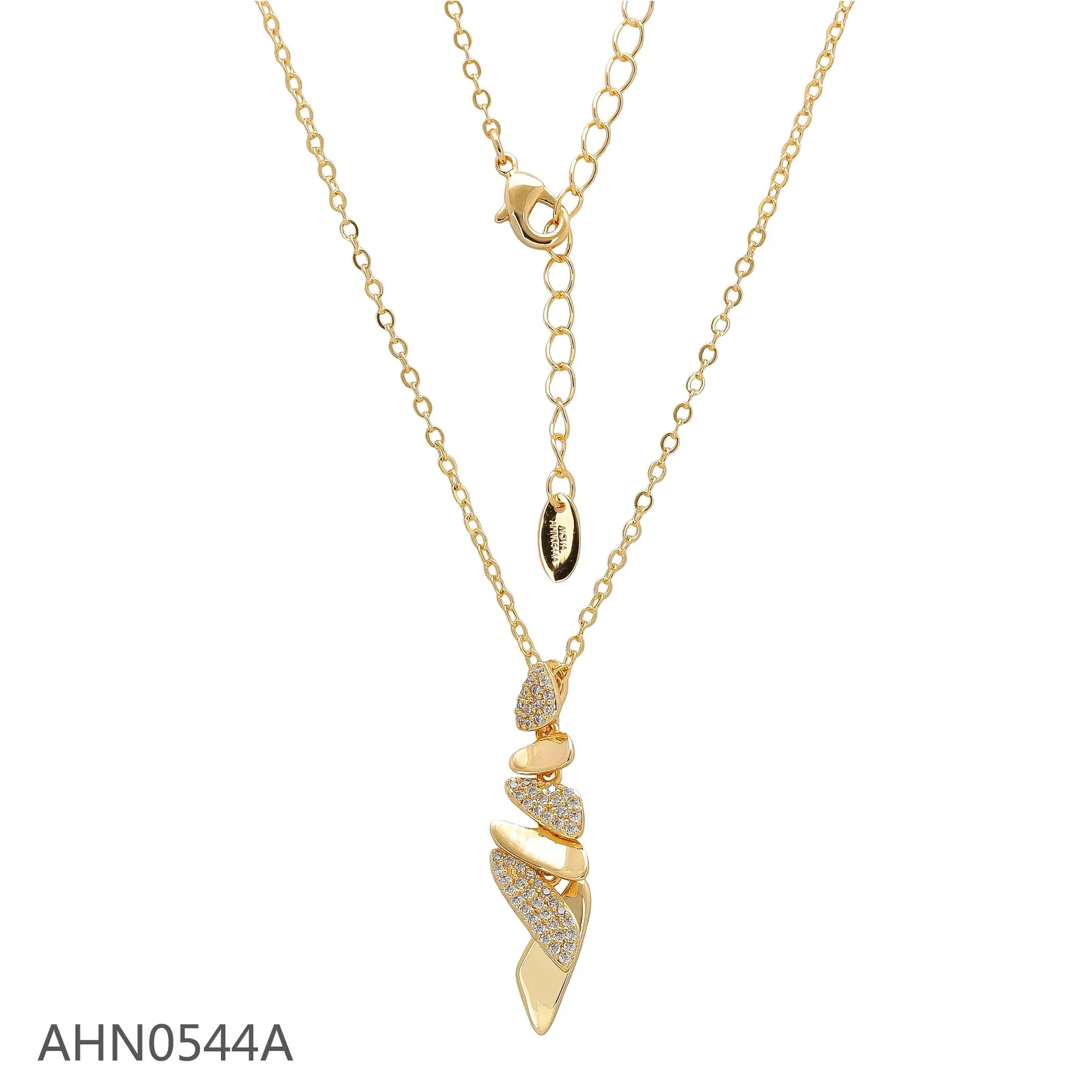Gold-tone necklace with a tapered twisting pendant and clear stone accents