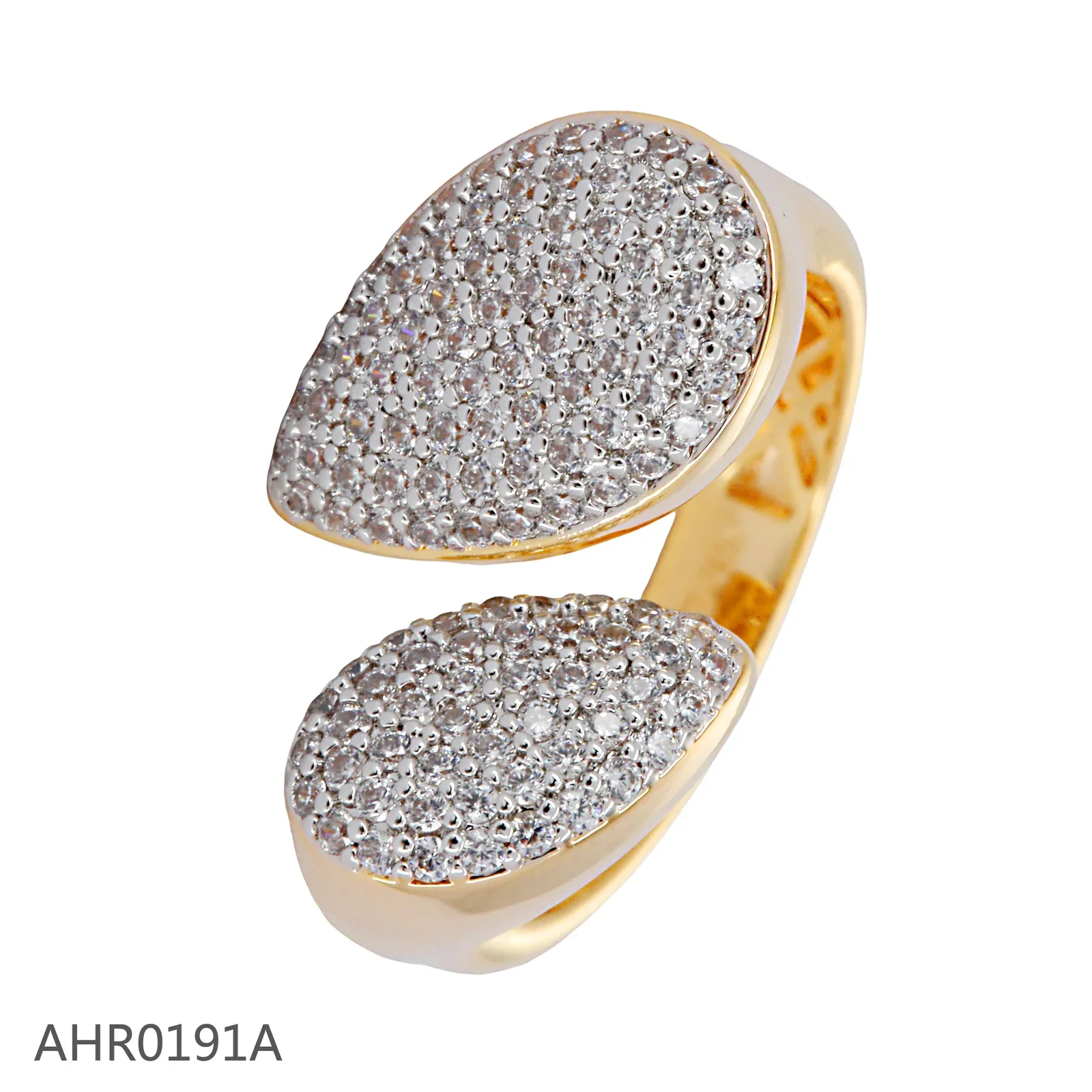 Gold-tone open ring with two leaf-shaped ends covered in clear stones