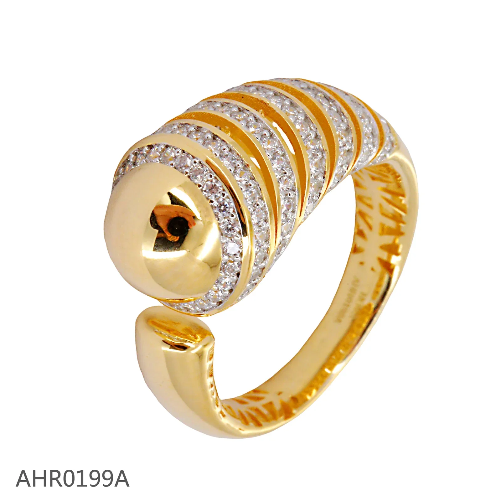 Gold-tone spiral ring with alternating polished and clear stone-set bands