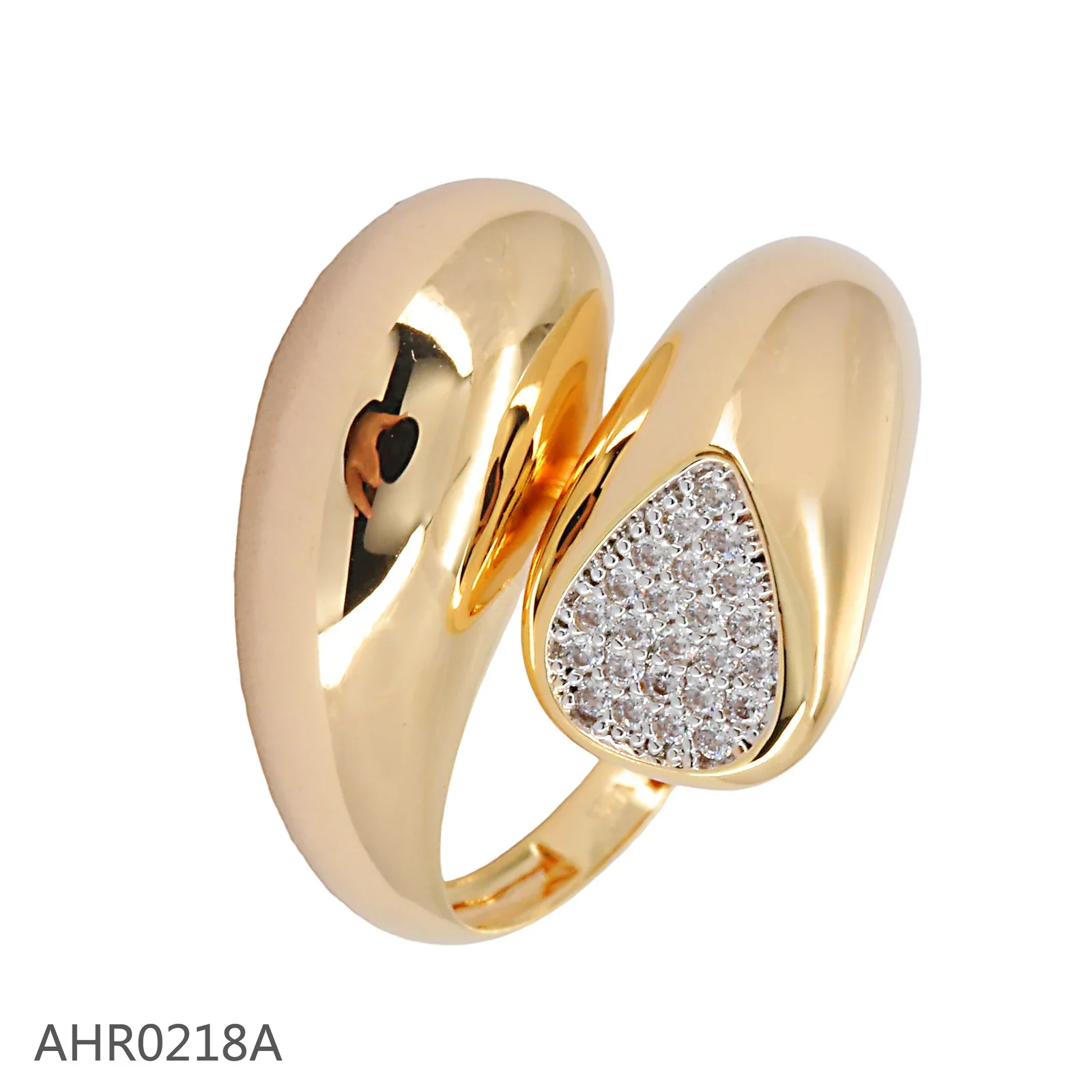 Gold-tone open ring with smooth curved ends and clear stone accents