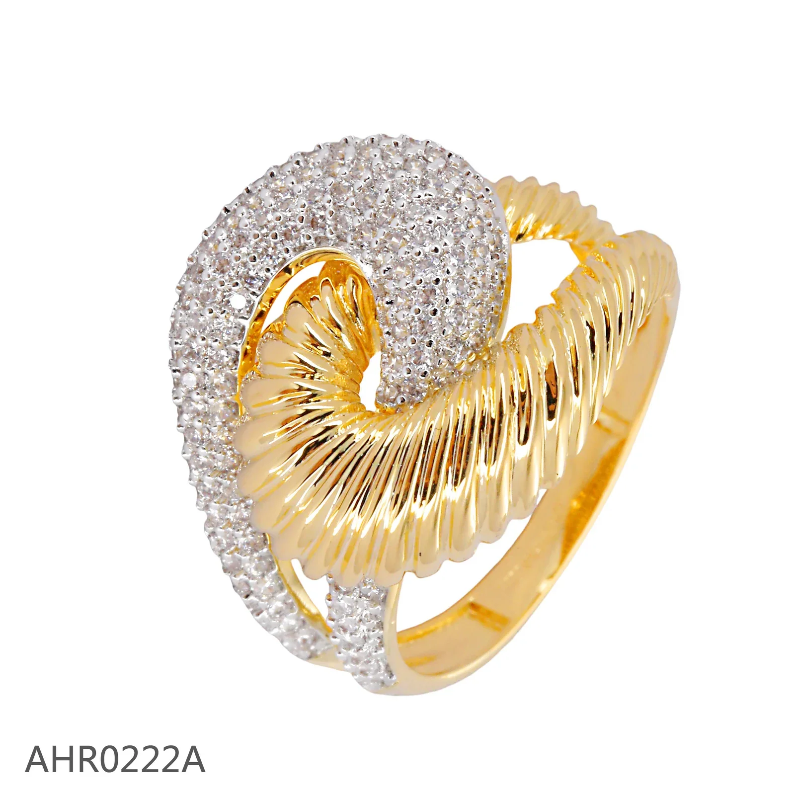 Gold-tone swirl ring combining ribbed metal and clear stone-set surfaces