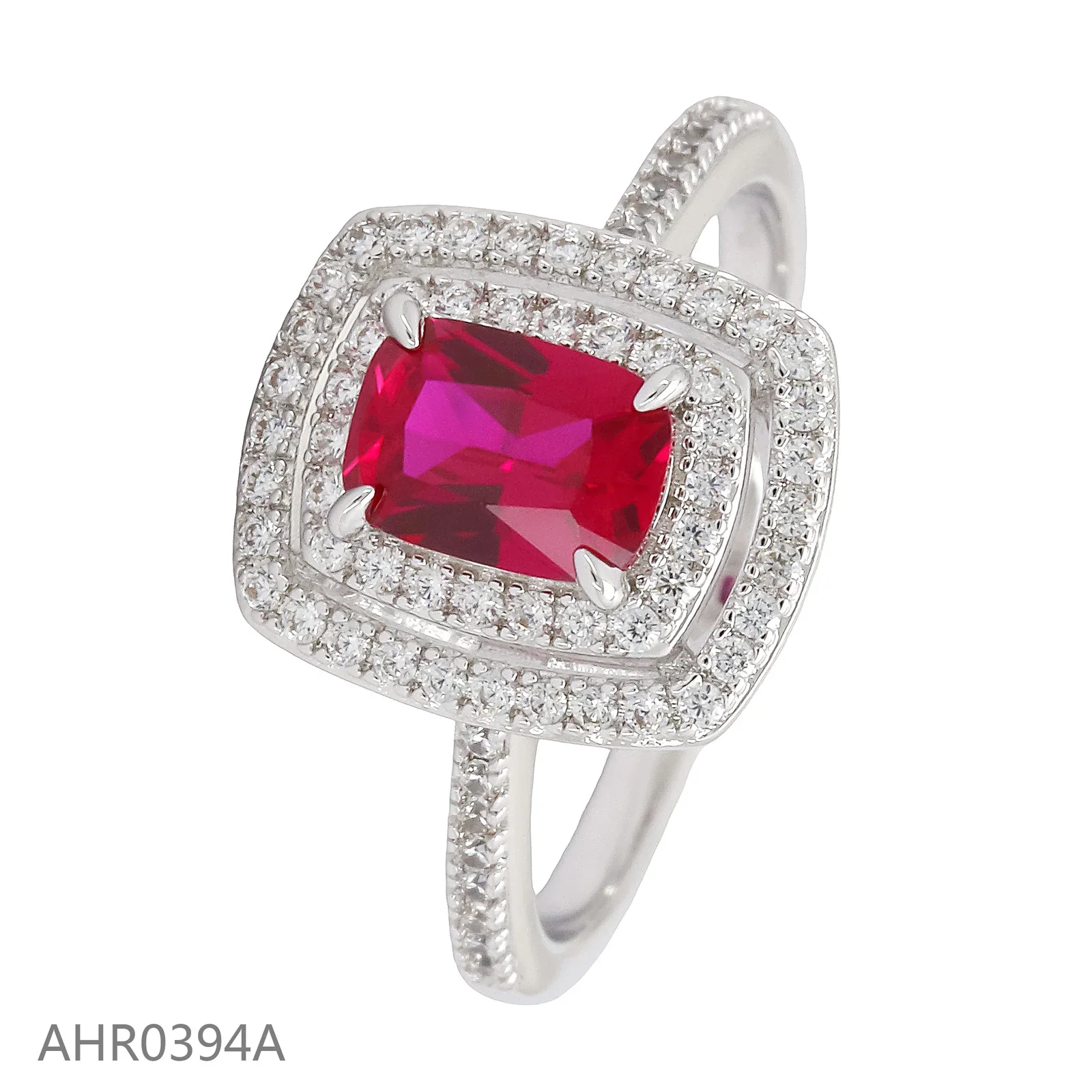 Red rectangular gemstone halo ring