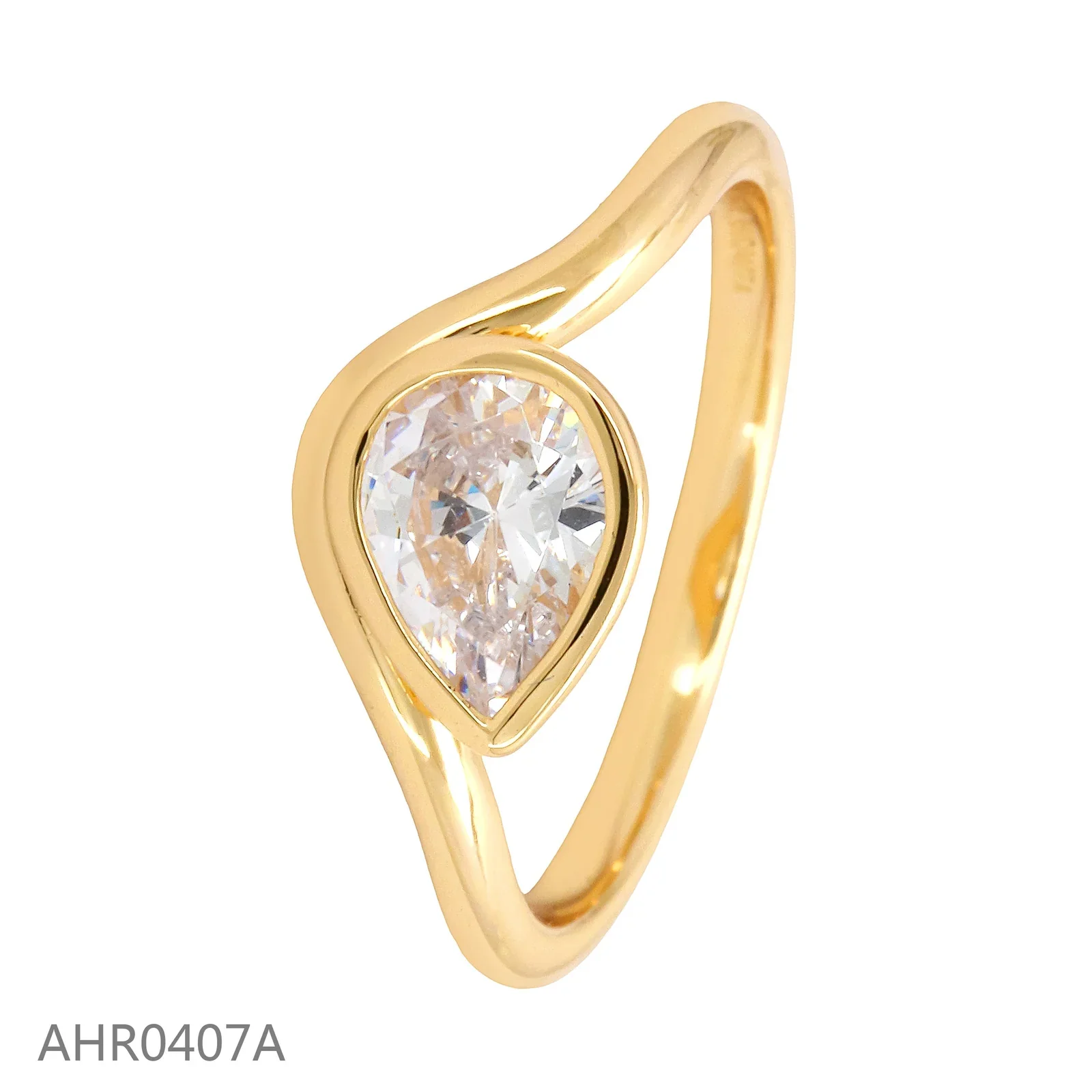 Gold-tone open ring framing a clear pear-shaped stone
