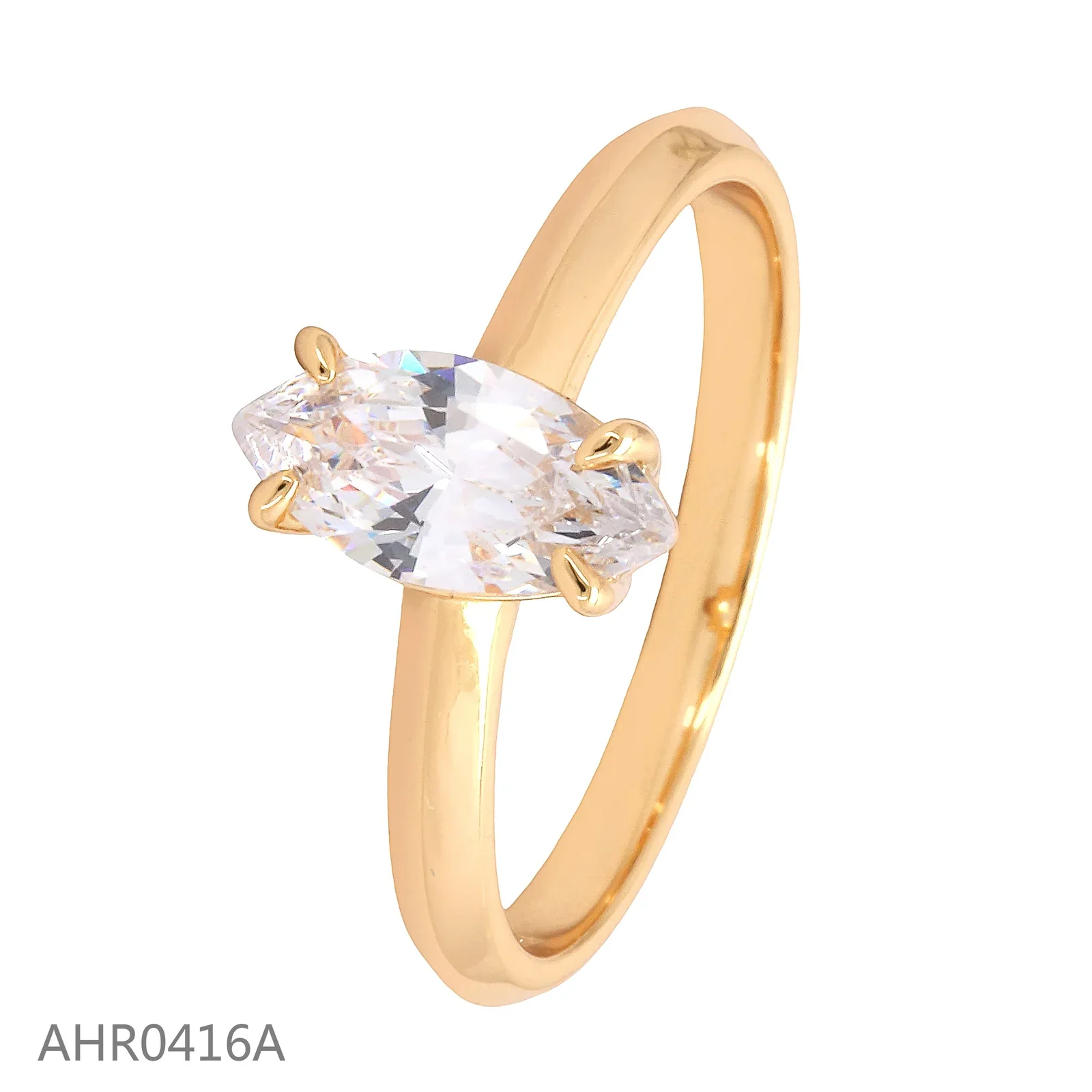 Gold-tone solitaire ring with a horizontally set clear marquise-shaped stone