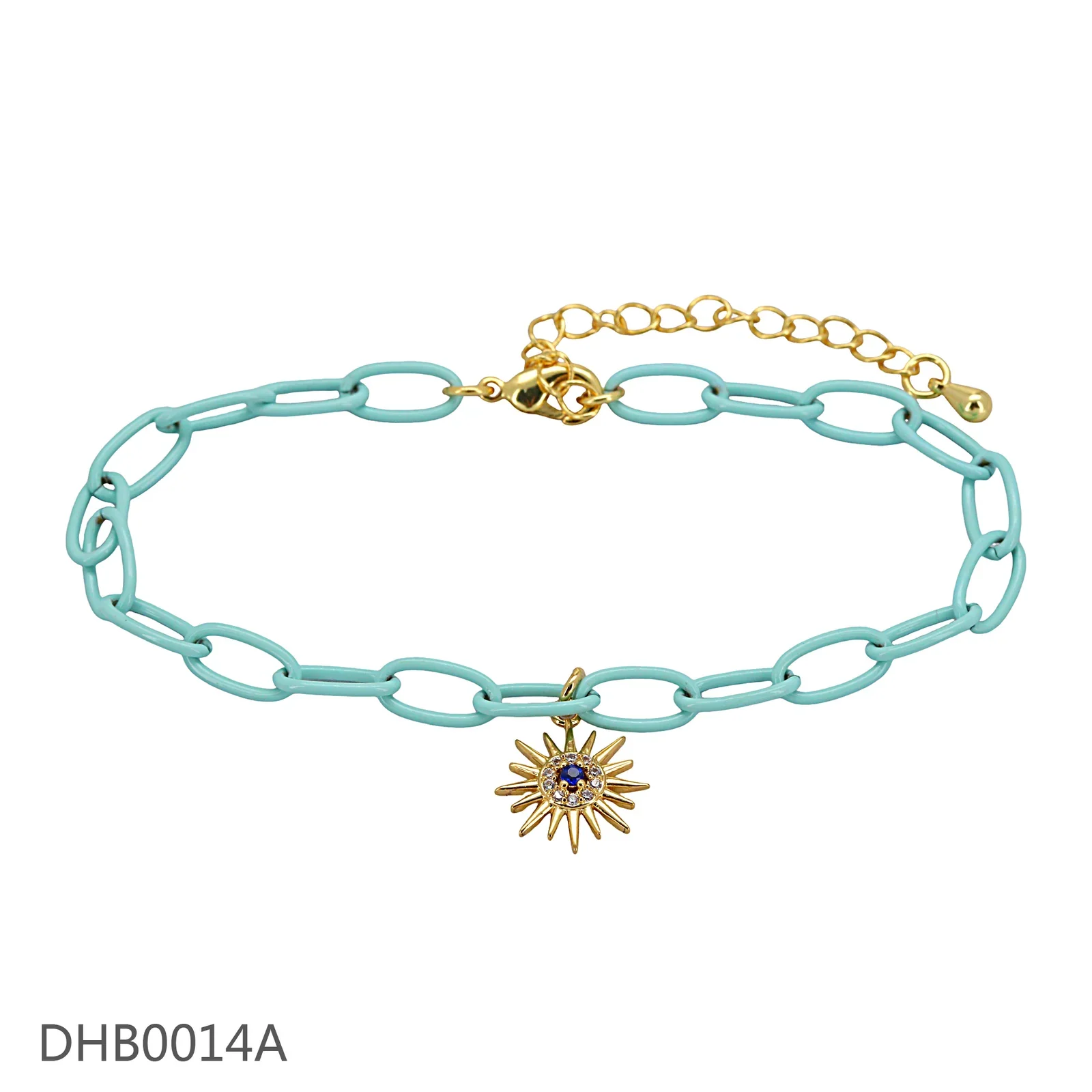 Turquoise link bracelet with a gold-tone sun charm