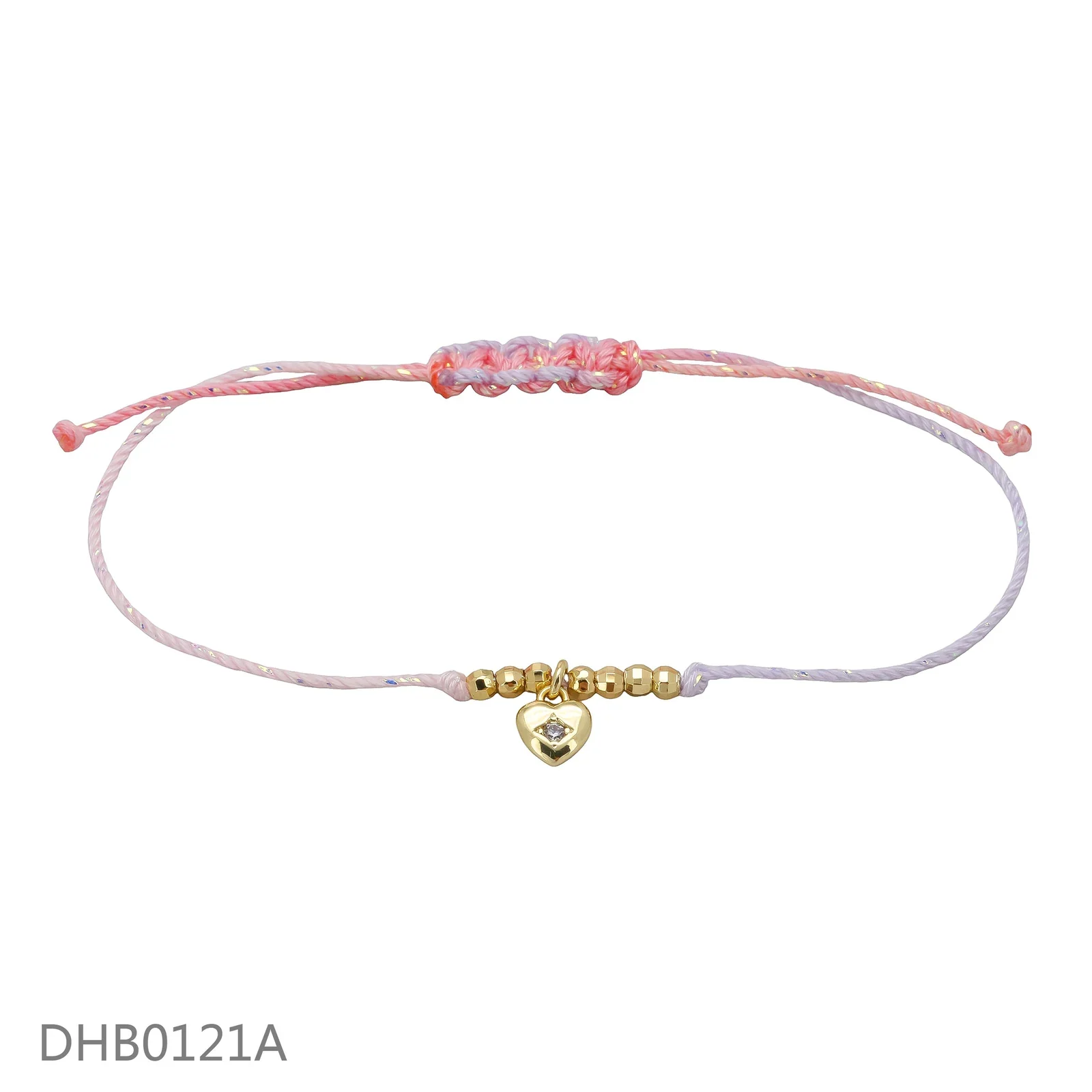 Pink and lilac cord bracelet with small gold-tone beads and a heart charm