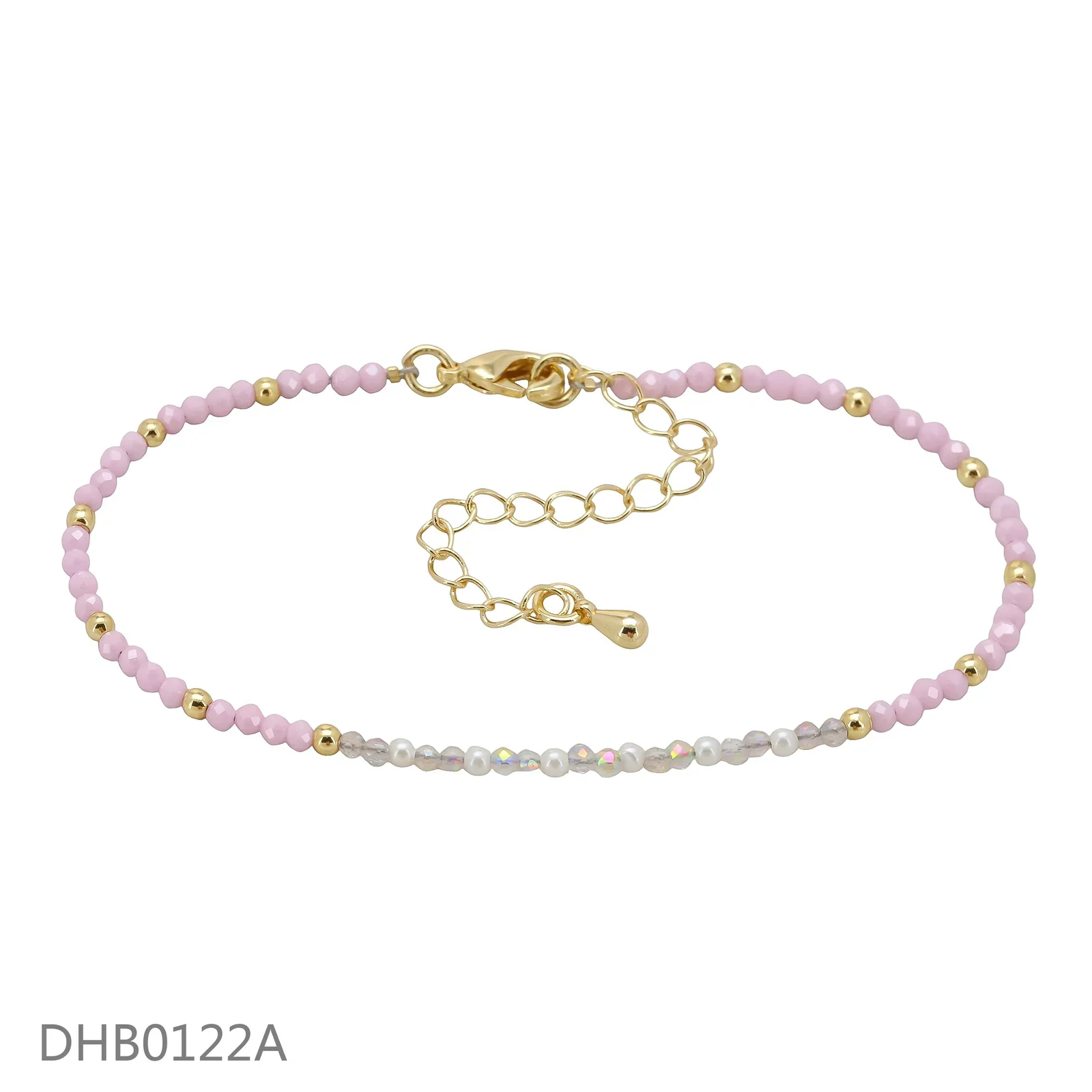 Pink and white beaded bracelet with gold-tone spacers and an adjustable chain