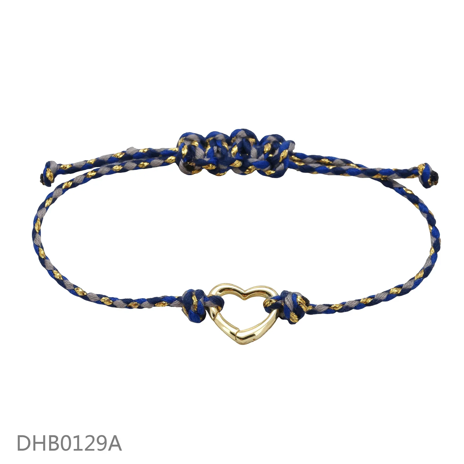 Dark blue braided bracelet with a gold-tone heart and adjustable knot closure