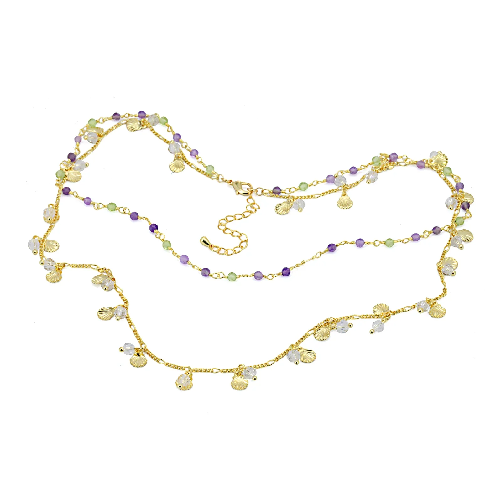 Gold-tone layered necklace with small lilac beads and dangling charms