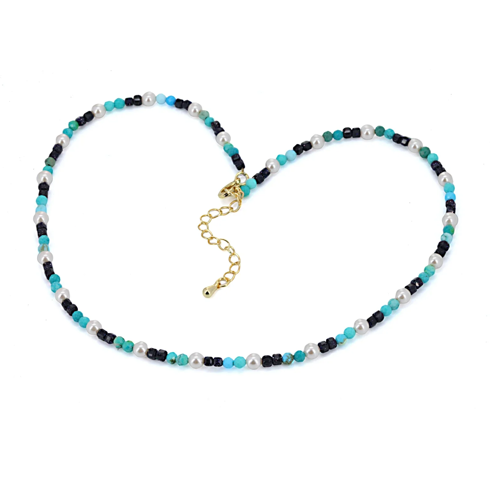 Black, white and turquoise beaded necklace with a gold-tone clasp