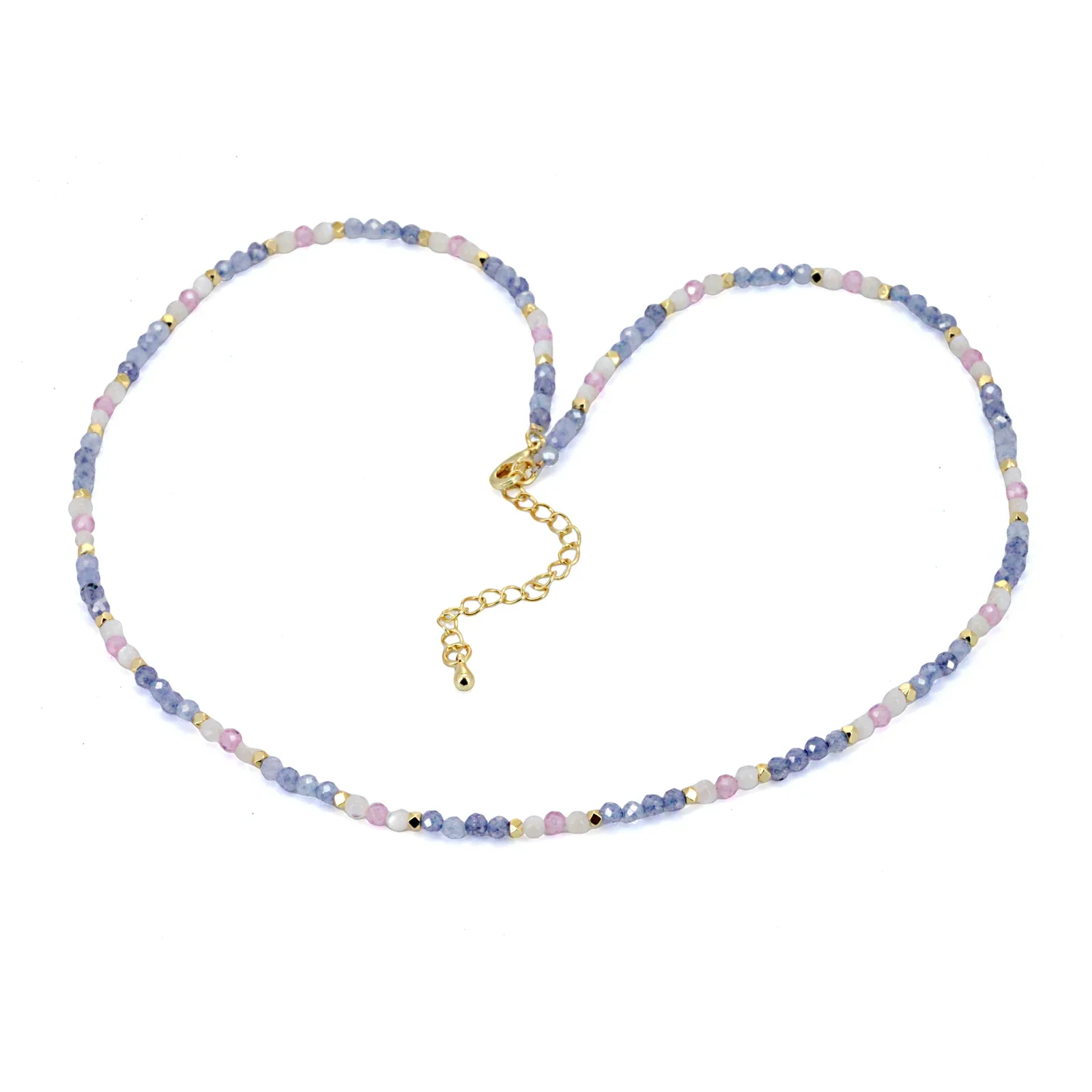 Lilac, white and gold-tone beaded necklace with an adjustable chain