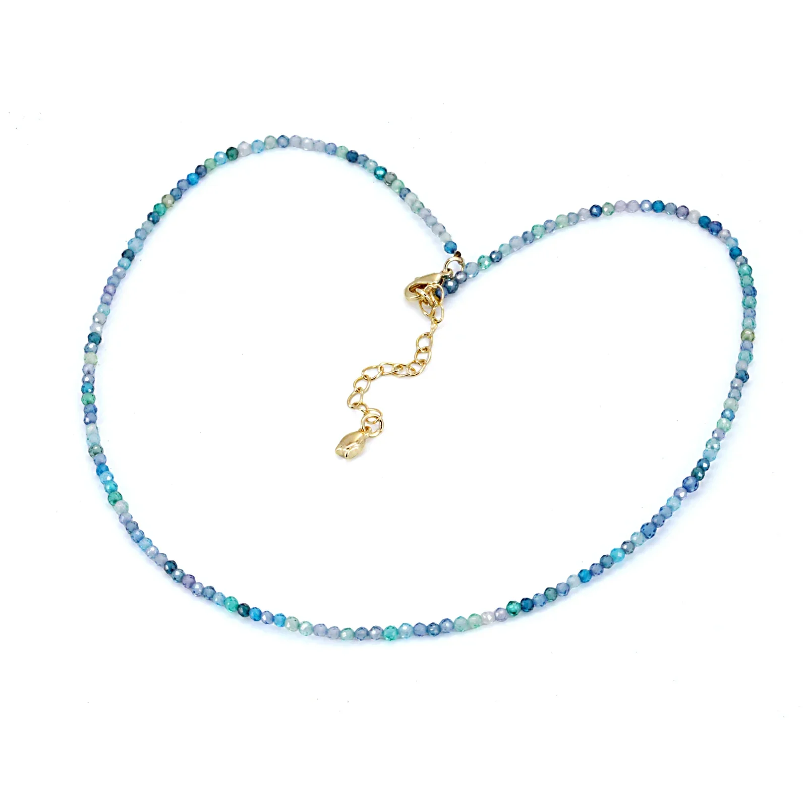 Blue beaded necklace with gold-tone spacers and an adjustable chain