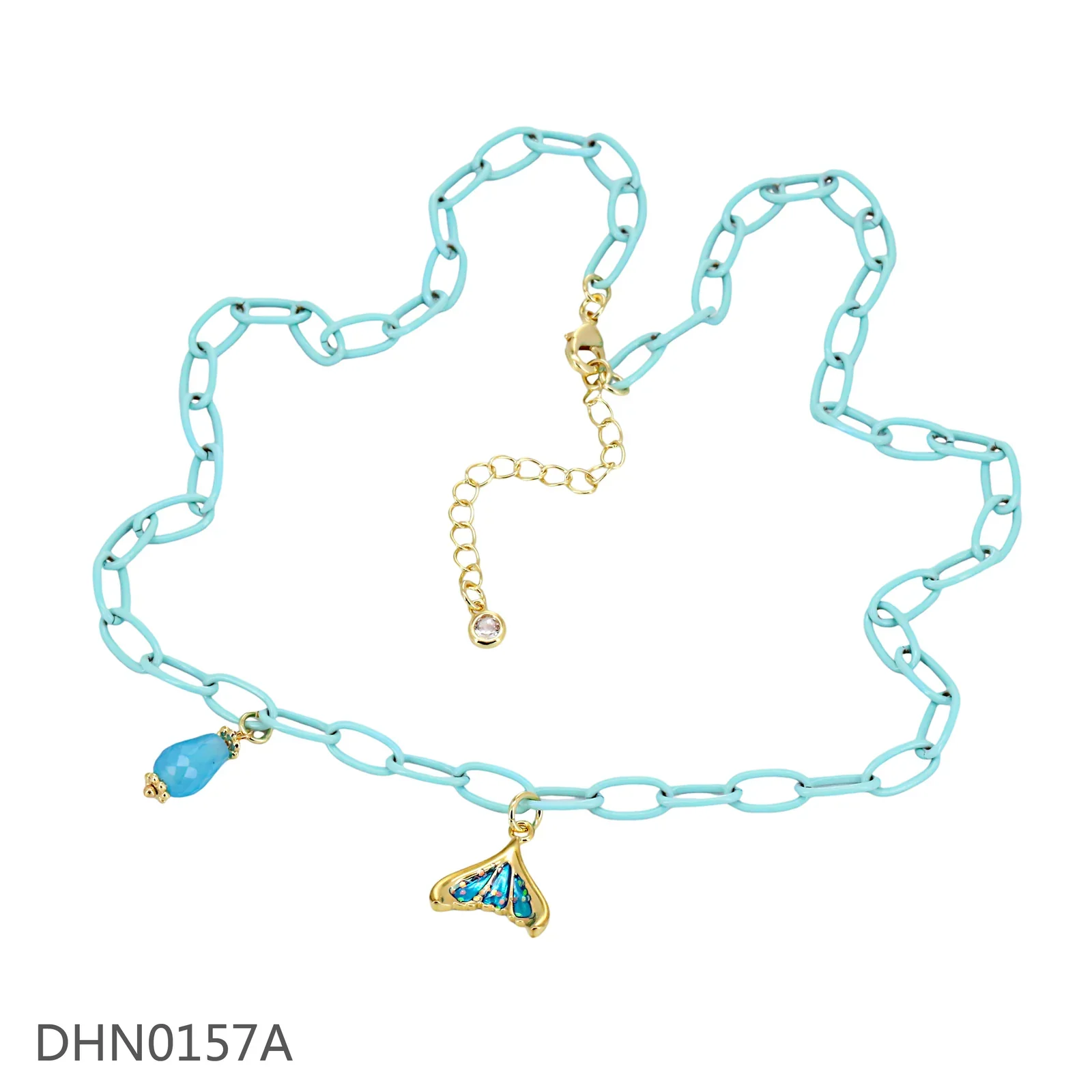 Turquoise link necklace with gold-tone fish and tail charms