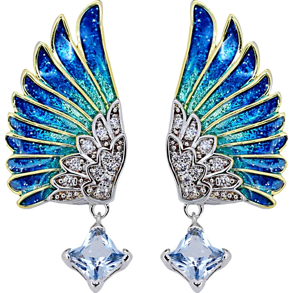 Blue and turquoise enamel wing earrings with clear stones