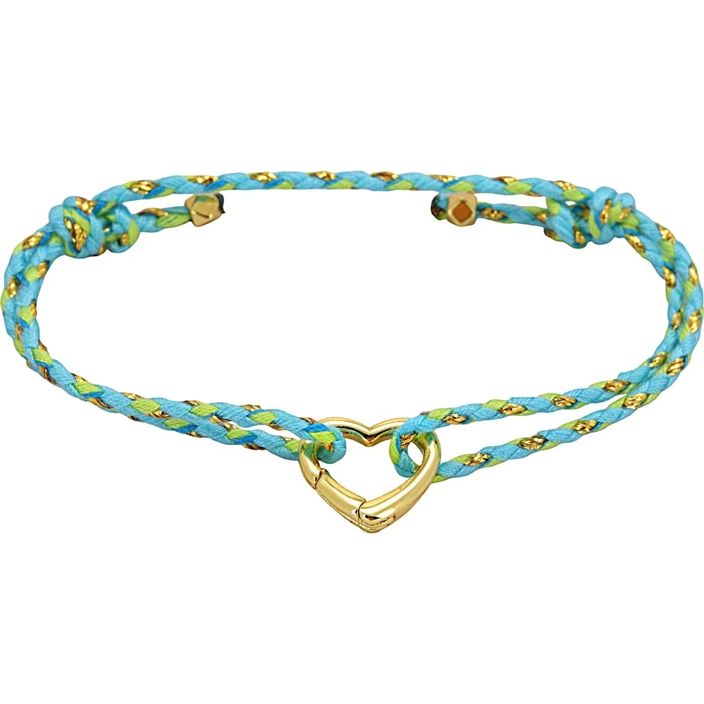 Turquoise and green woven cord bracelet with a gold-tone heart