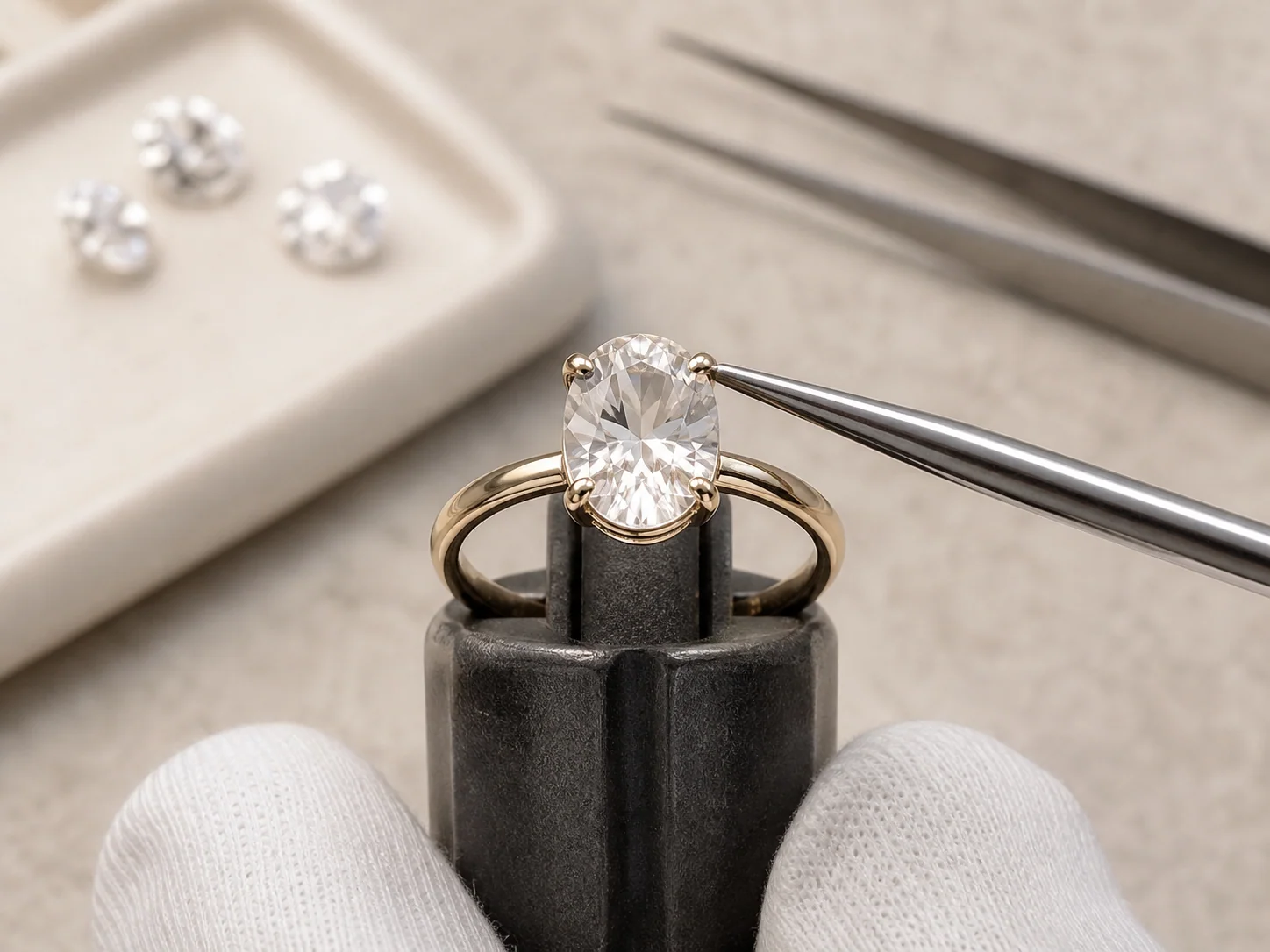 Gem-setting concept illustration showing precise work on a clear gemstone ring