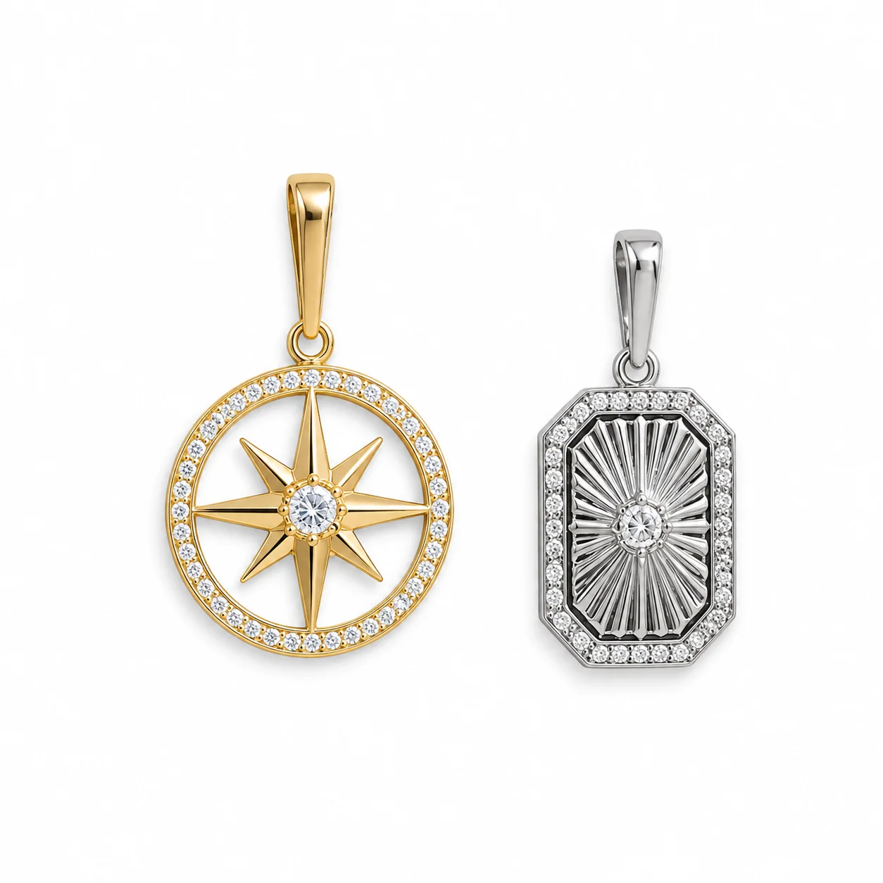 Gold-tone compass pendant and silver-tone sunburst pendant