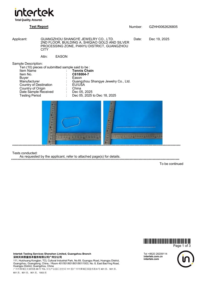 Intertek California Proposition 65 report cover showing the tested tennis chain sample