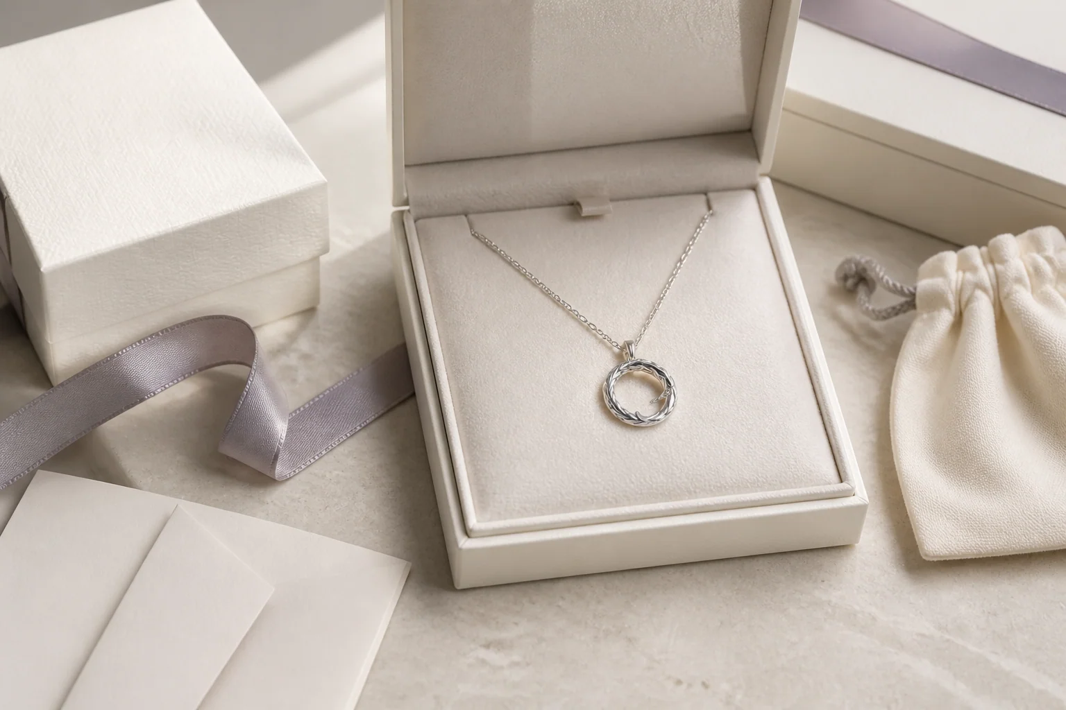 Silver-tone circular pendant in an ivory jewelry box with coordinated cards, pouch and ribbon