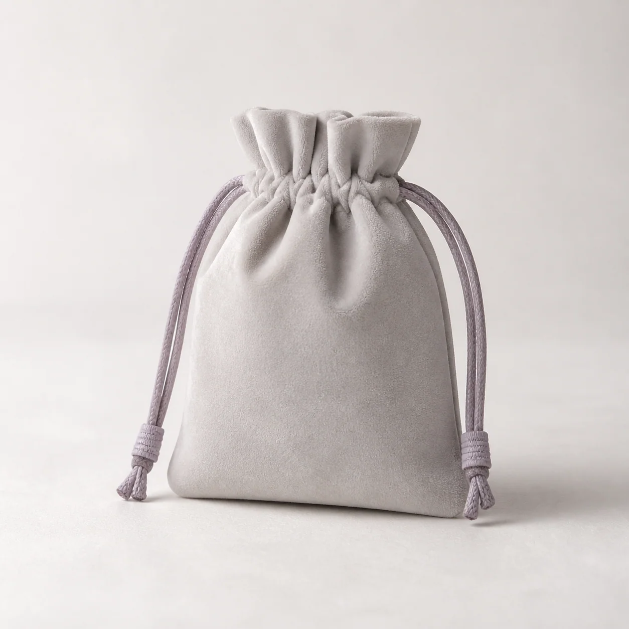 Warm gray drawstring jewelry pouch with a gray-lavender cord