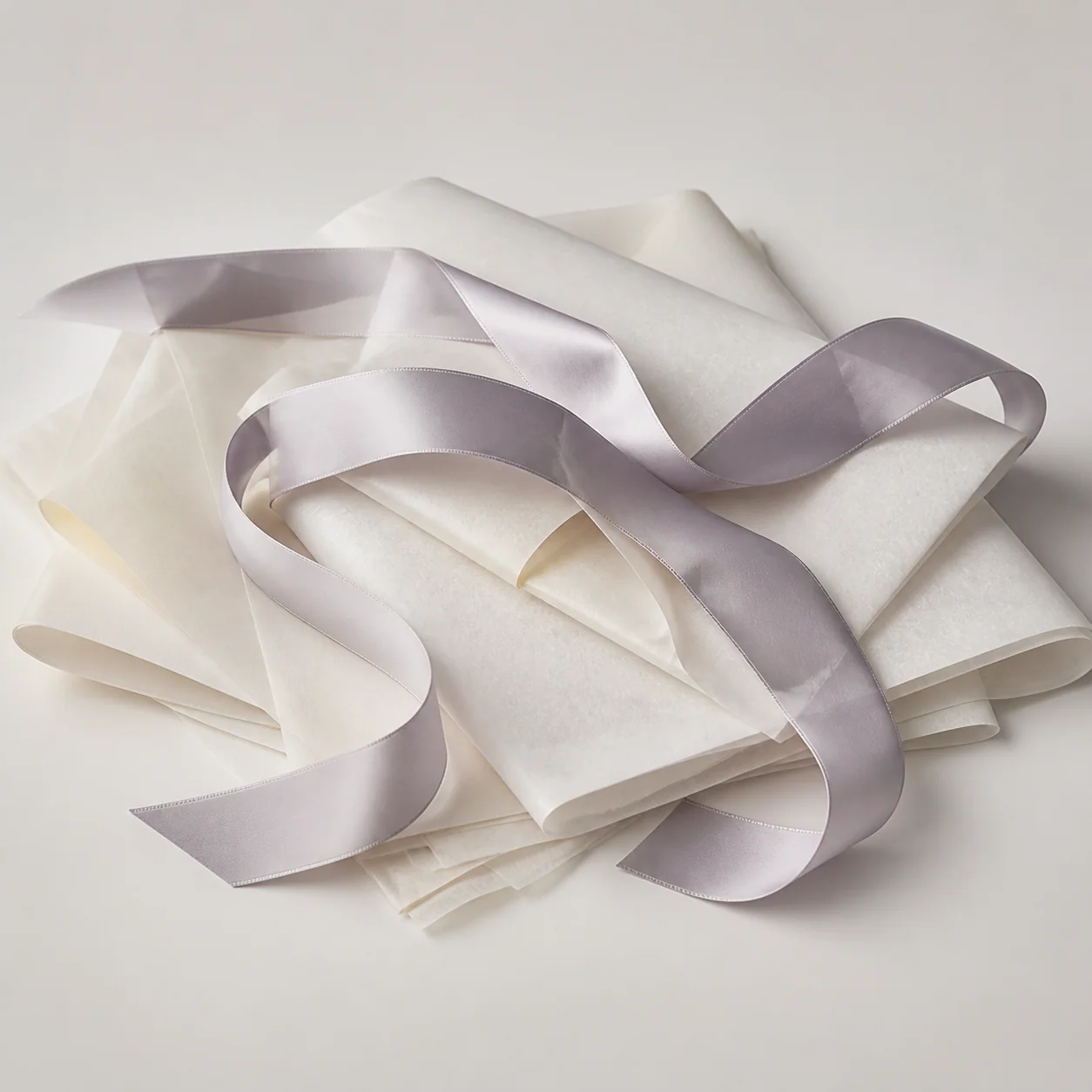 Ivory tissue wrap with gray-lavender ribbon