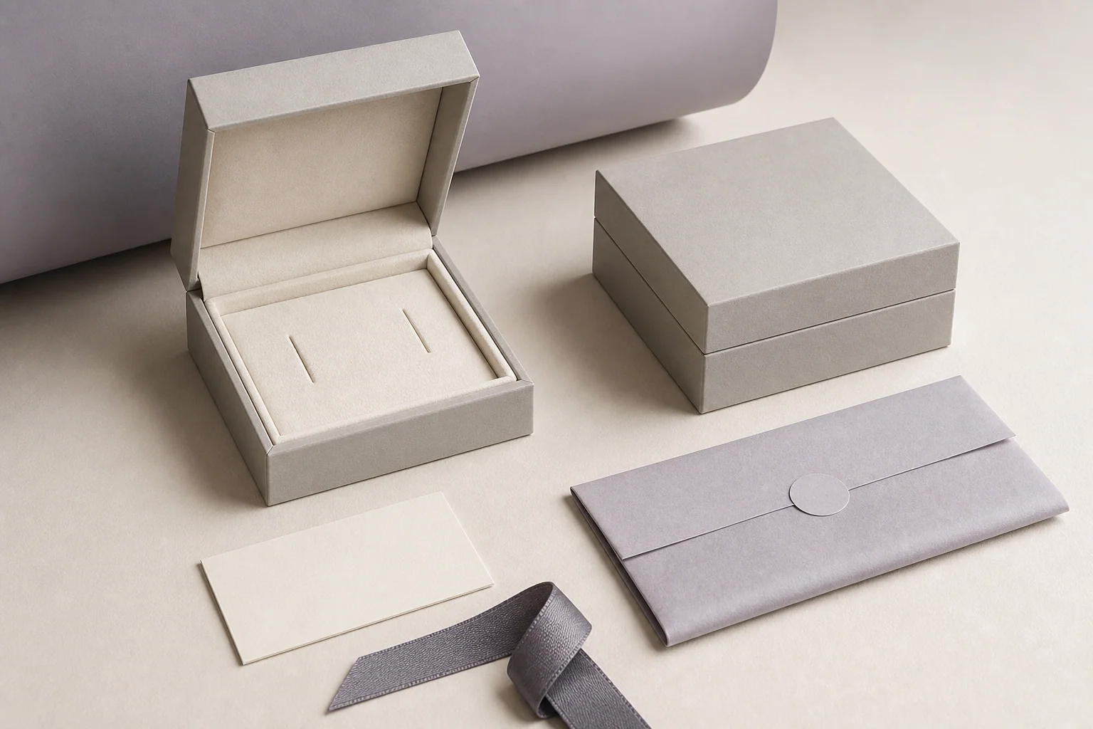 Coordinated jewelry packaging concept with boxes, card, ribbon and envelope