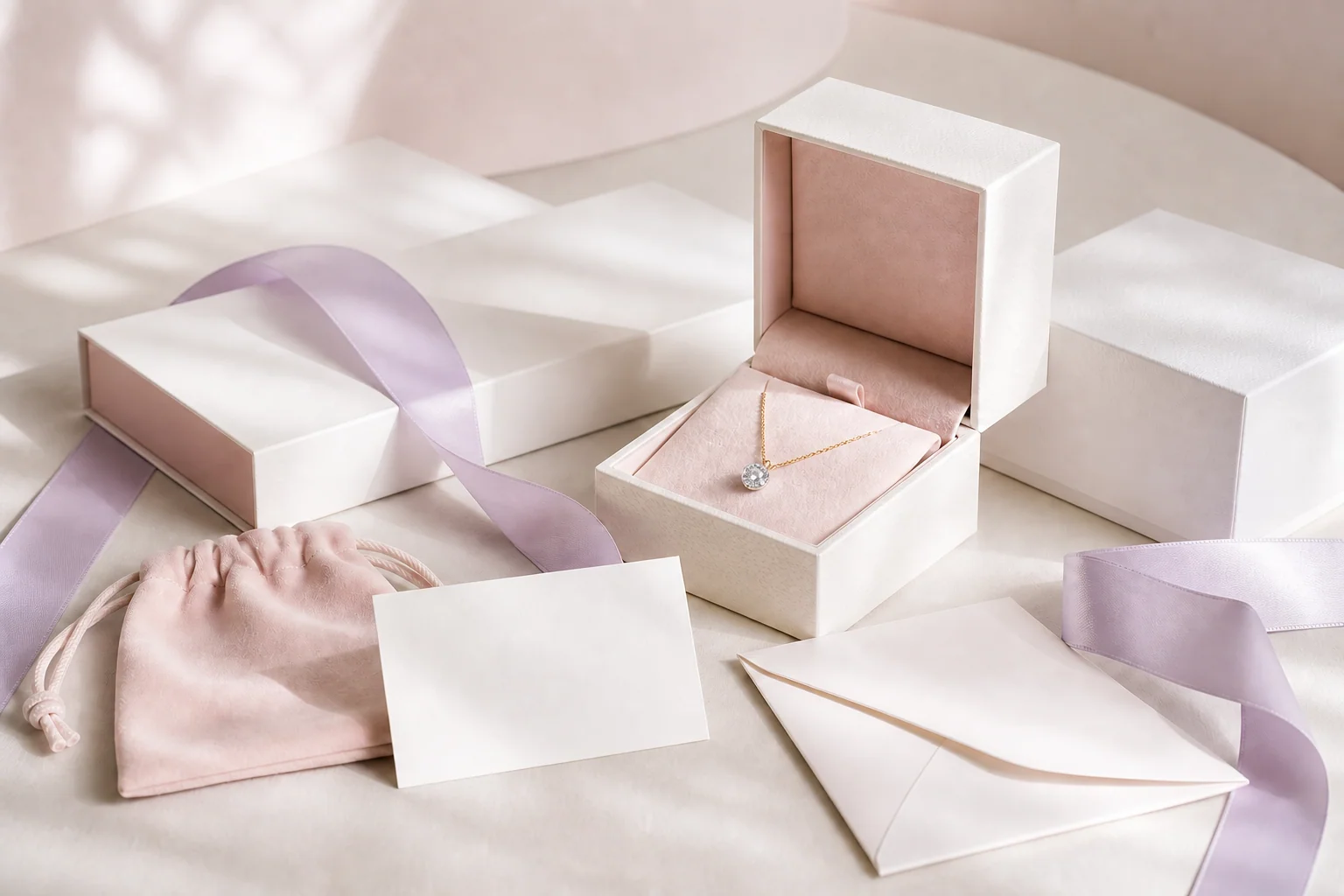 Clear-stone pendant in a blush-lined jewelry box with matching packaging