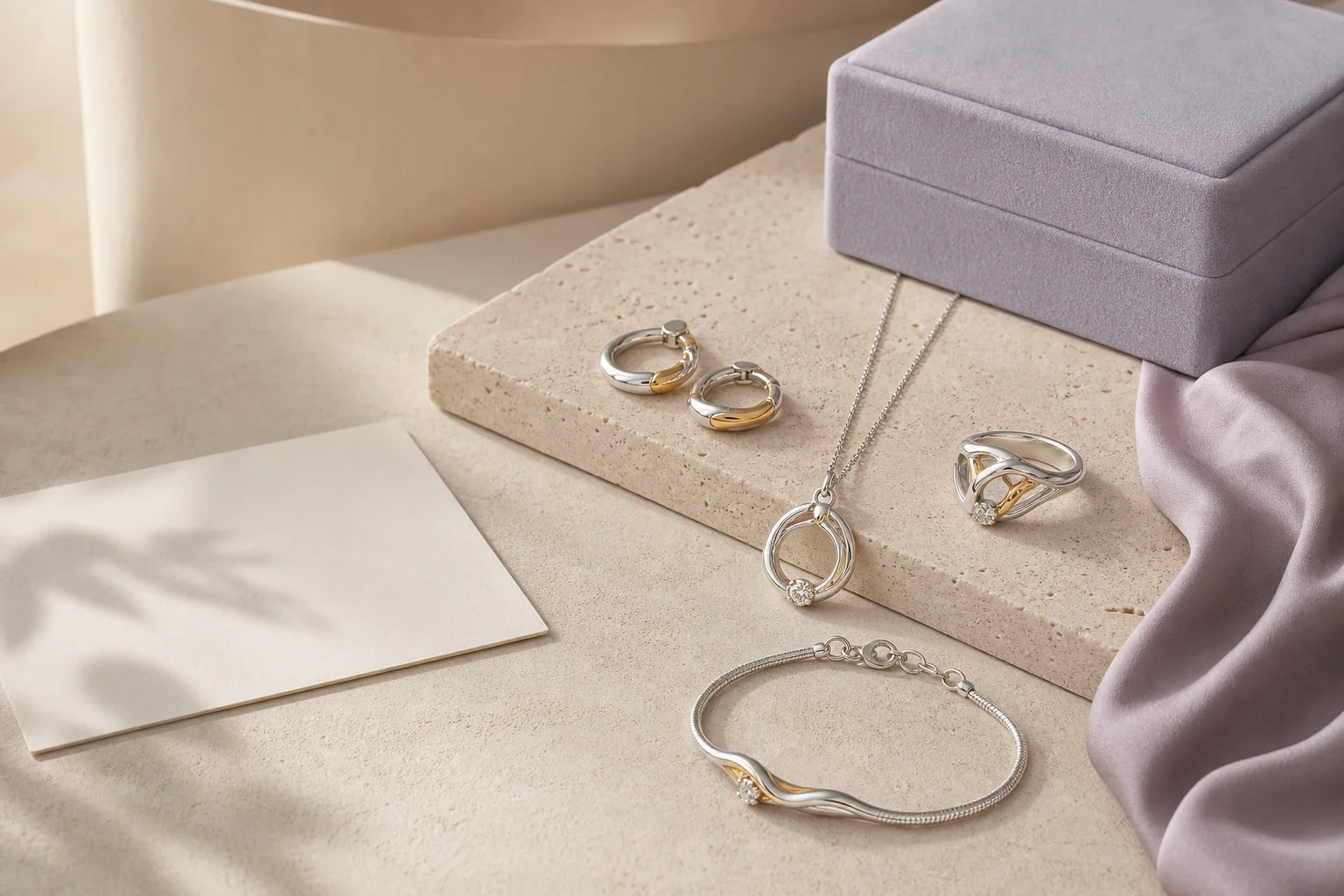 Private-label jewelry collection arranged with an unbranded presentation box and card