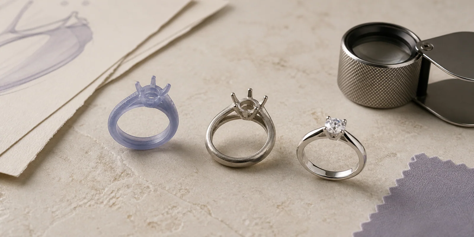 A ring progressing from translucent prototype to unfinished metal setting and finished sample