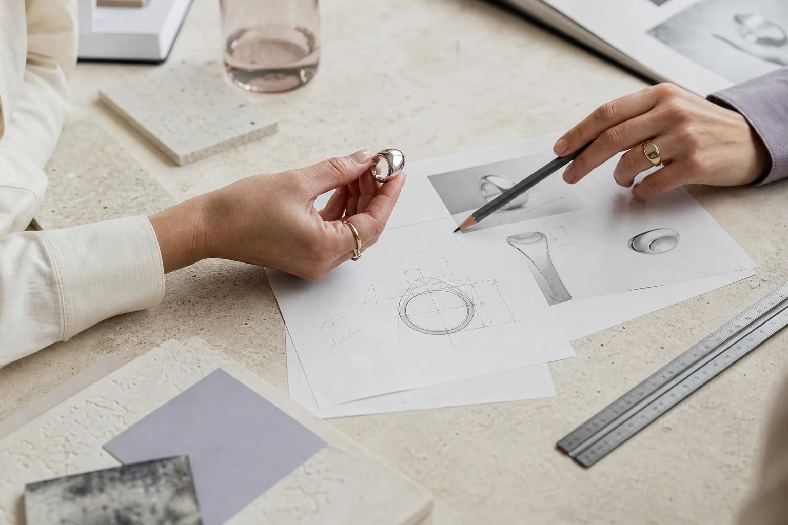 A jewelry sample being reviewed alongside the approved design direction