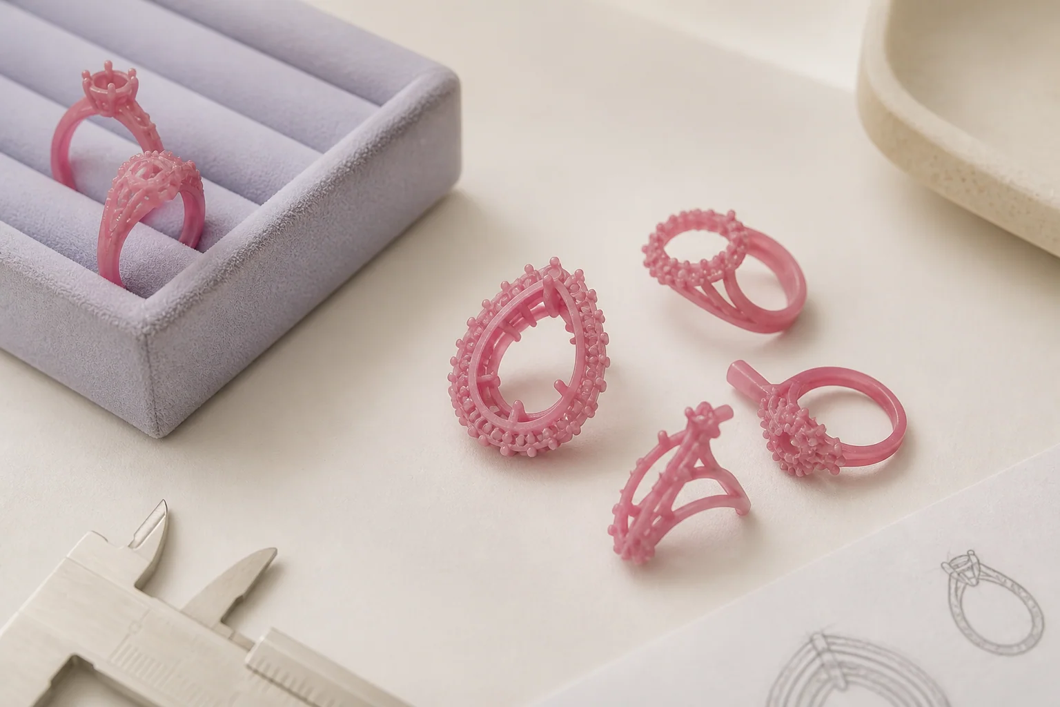 A curated group of jewelry wax prototypes used to represent sample development