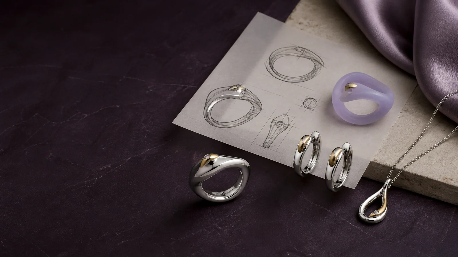 A NOVA jewelry concept shown from design sketch and wax model to finished pieces