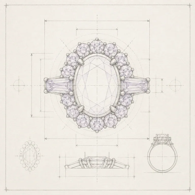 Top-view gemstone ring placement map showing stone positions, scale, quantity, and orientation