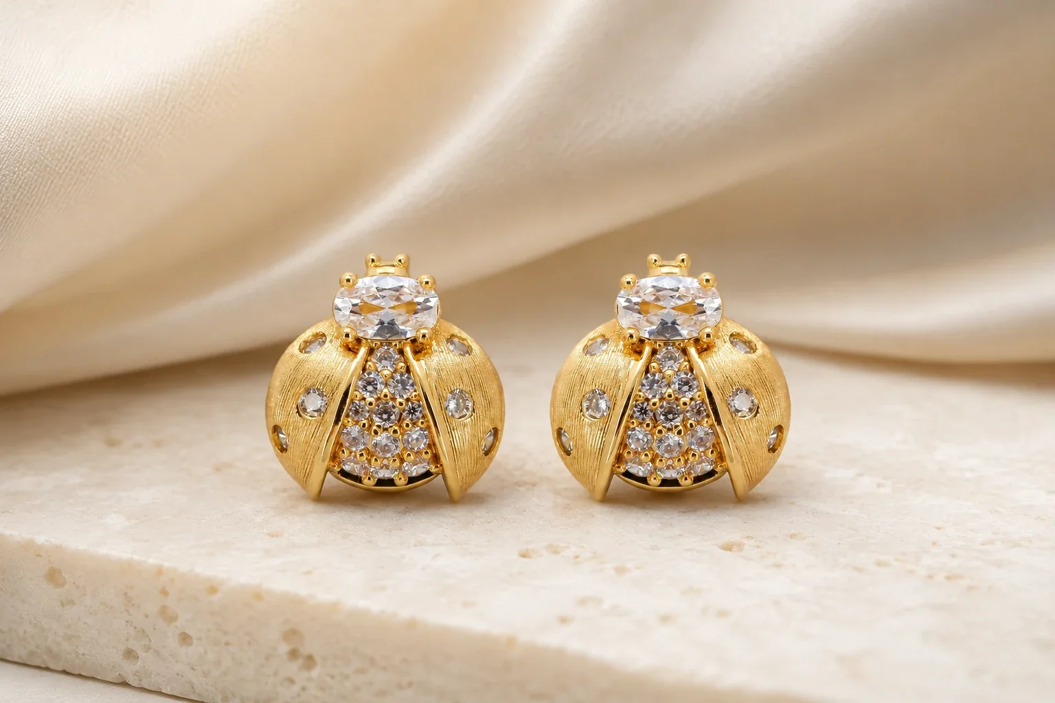 NOVA gold-tone insect motif earrings with textured wings and clear stone accents, styled on an ivory surface